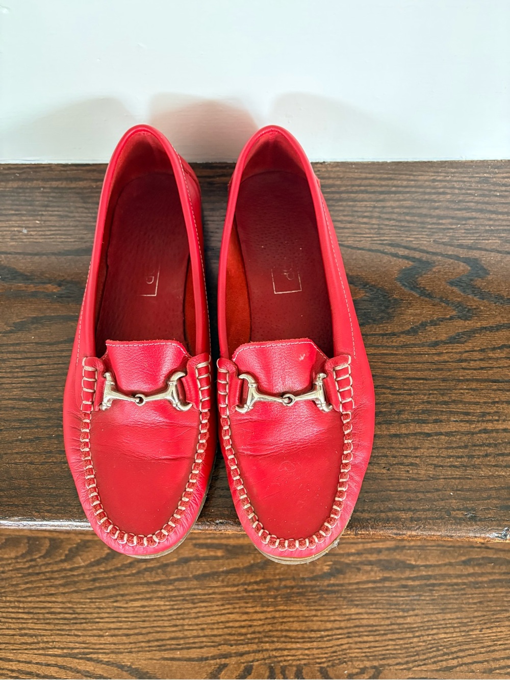 Red Leather Women's Slip-On Loafers with Metal Bit
